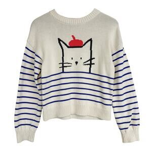 Tea Collection Girls Stripe Knit Sweater Cat Beret Hat Cream Blue - XL 12-14